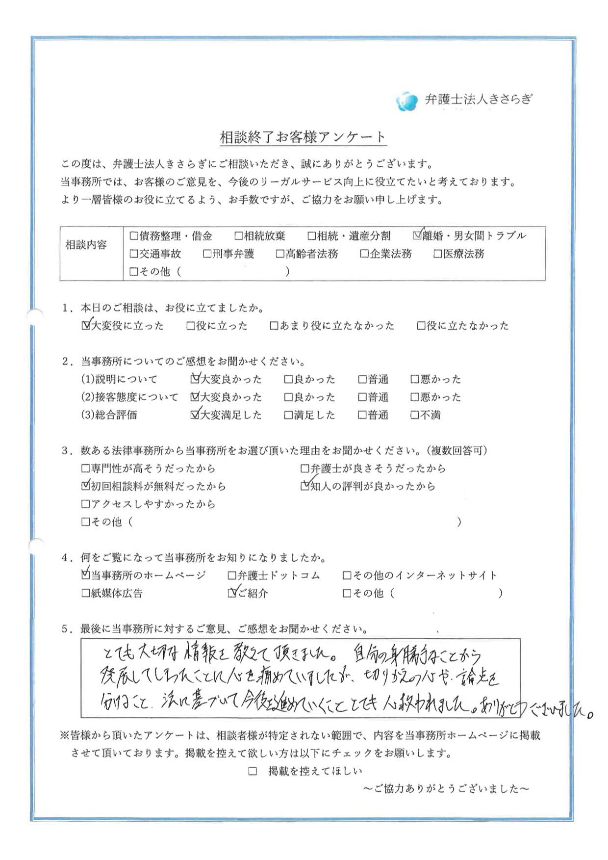とても大切な情報を教えて頂きました。自分の身勝手なことから発展してしまったことに心を痛めていましたが、切りかえの心や論点を分けること、法に基づいて今後を進めていくこと、とても心救われました。ありがとうございました