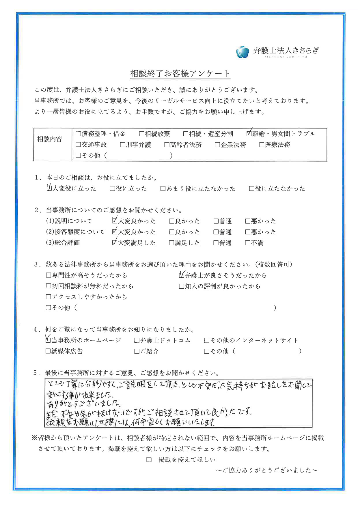 とても丁寧に分かりやすく、ご説明をして頂き、とても不安だった気持ちがお話しをお聞して安心する事が出来ました。ありがとうございました。まだ不安や気が抜けないですが、ご相談させて頂いて良かったです。依頼をお願いした際には、何卒宜しくお願いいたします