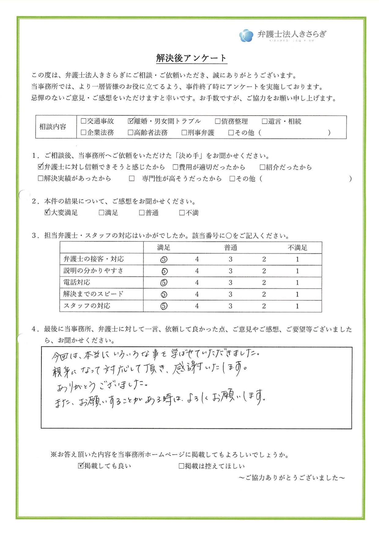 本当にいろいろな事を学ばせていただきました。親身になって対応して頂き、感謝いたします