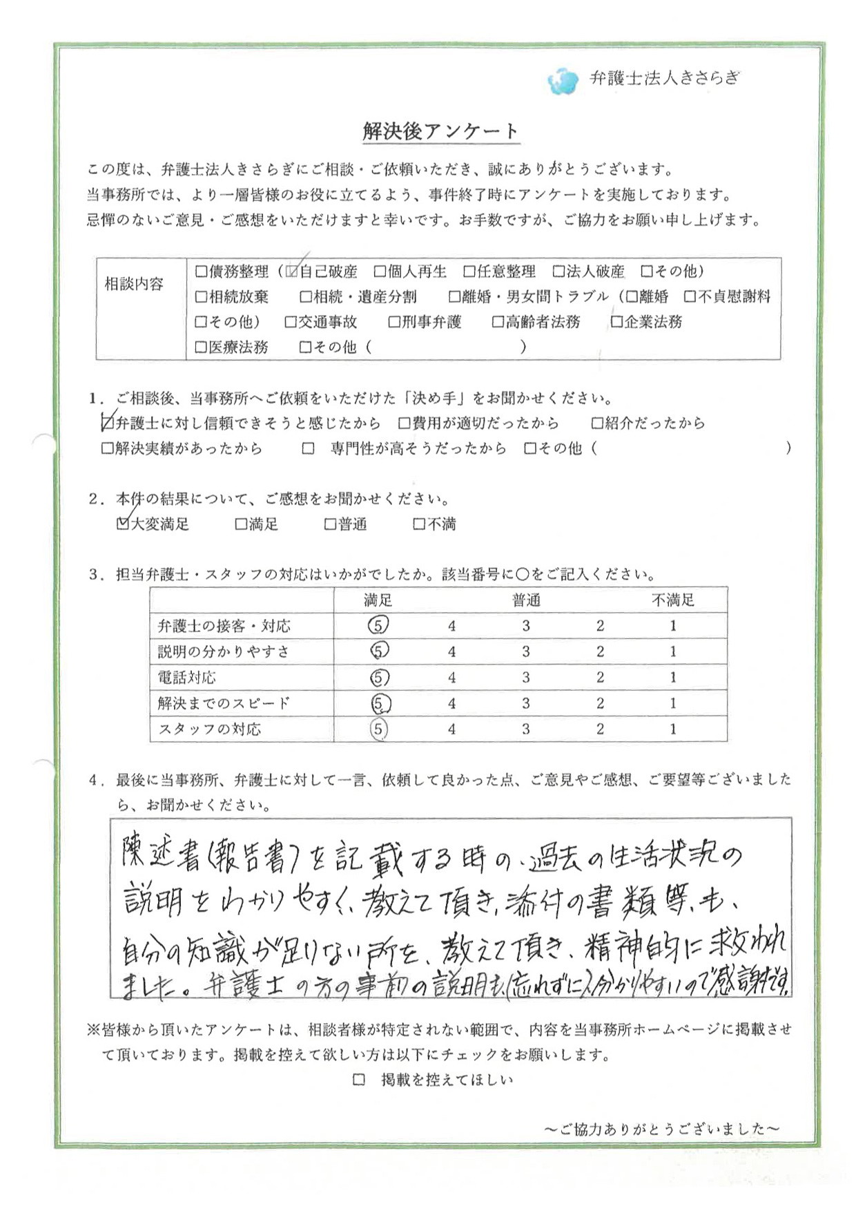 陳述書（報告書）を記載する時の、過去の生活状況の説明をわかりやすく教えて頂き、添付の書類等も、自分の知識が足りない所を、教えて頂き、精神的に救われました。弁護士の方の事前の説明も（忘れずに）分かりやすいので感謝です