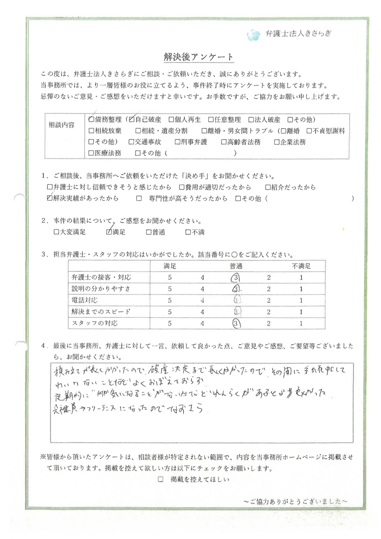 積み立てが長くかかったので、破産決定まで長くかかったので、その間に手続中止してはいけないことなどよくおぼえておらず、定期的に何か気になることがないかなどれんらくがあるとより良かった。会社員→フリーランスになったのでなおさら