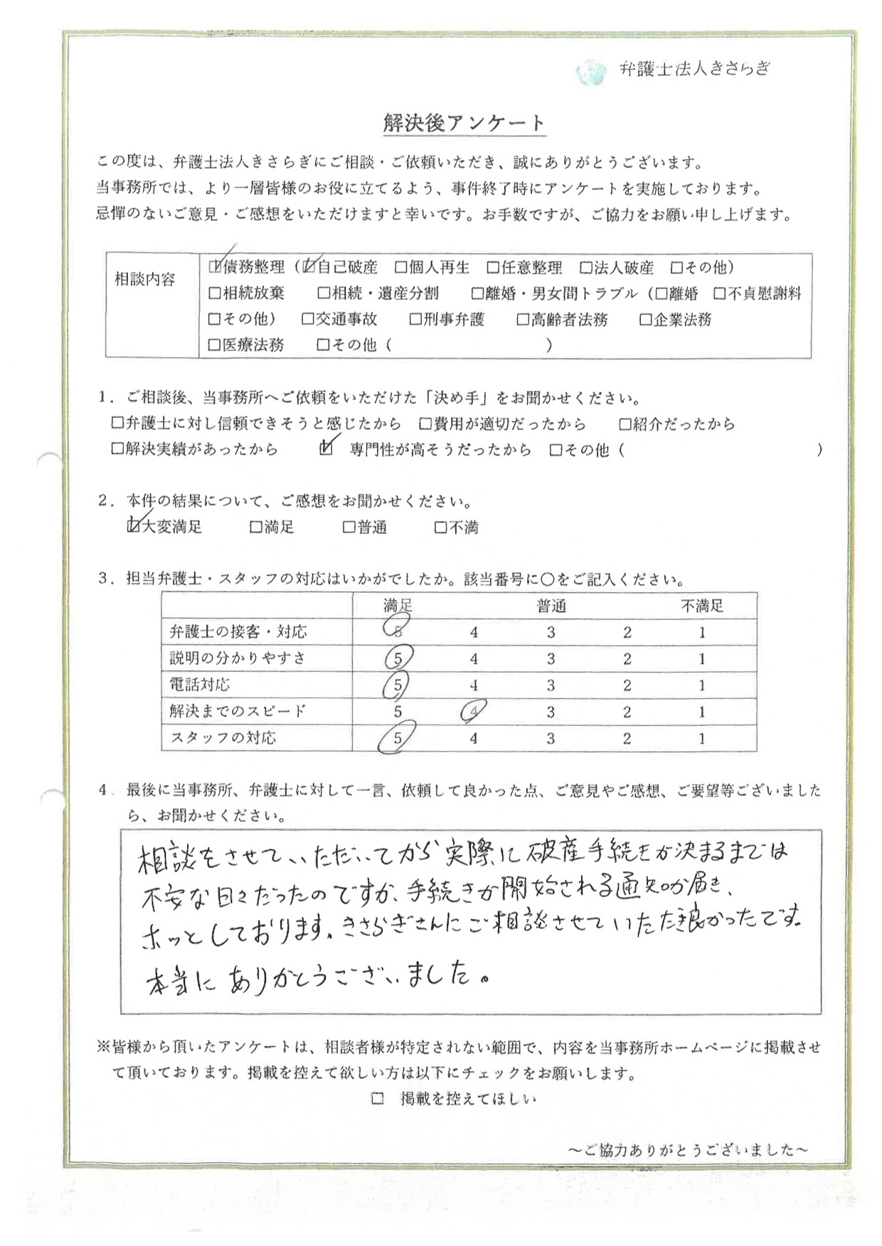 相談をさせていただいてから実際に破産手続きが決まるまでは不安な日々だったのですが、手続きが開始される通知が届き、ホッとしております。きさらぎさんにご相談させていただき良かったです。本当にありがとうございました