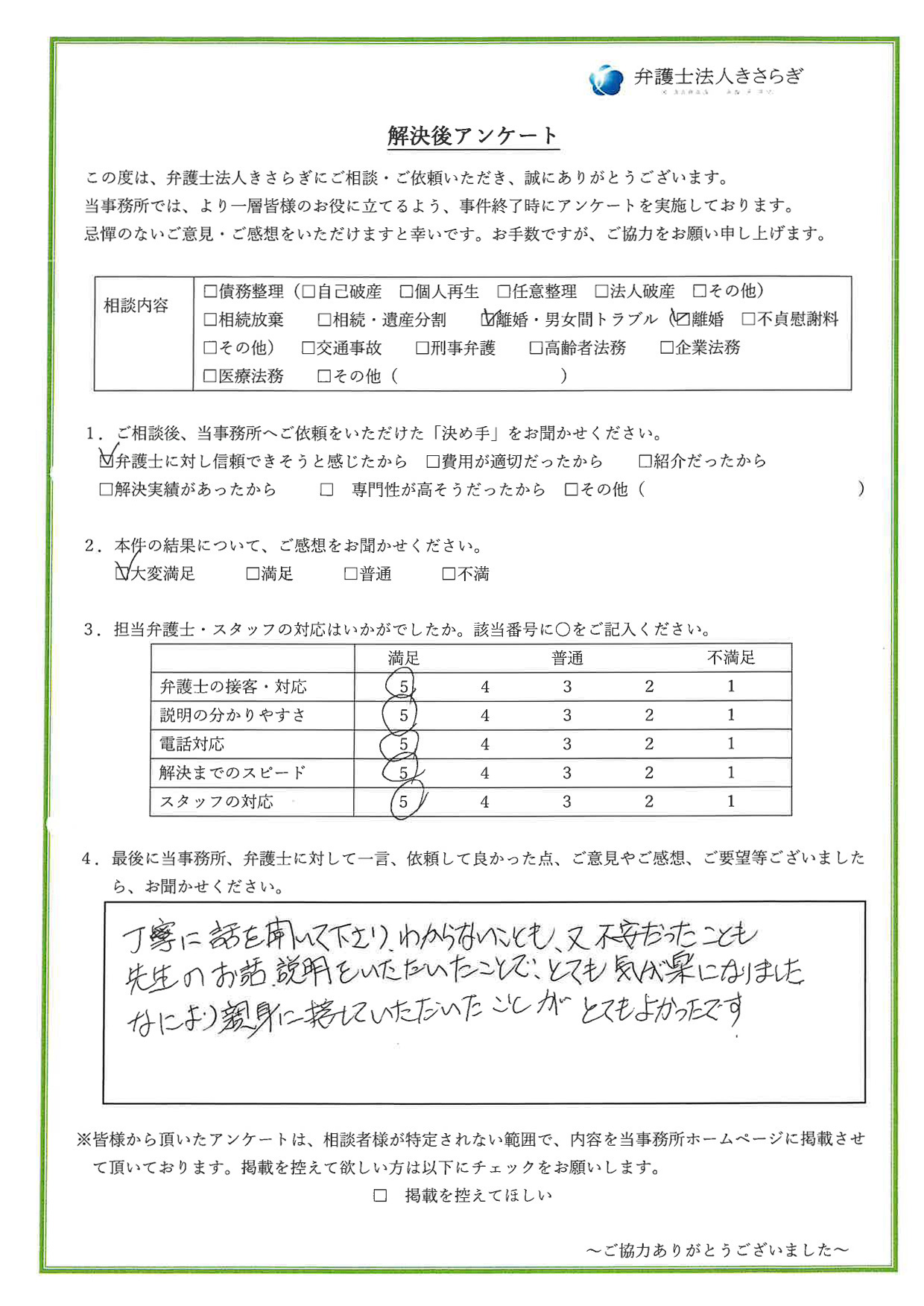 丁寧に話を聞いて下さり、わからないことも、又不安だったことも先生のお話、説明をいただいたことで、とても気が楽になりました。なにより親身に接していただいたことがとてもよかったです